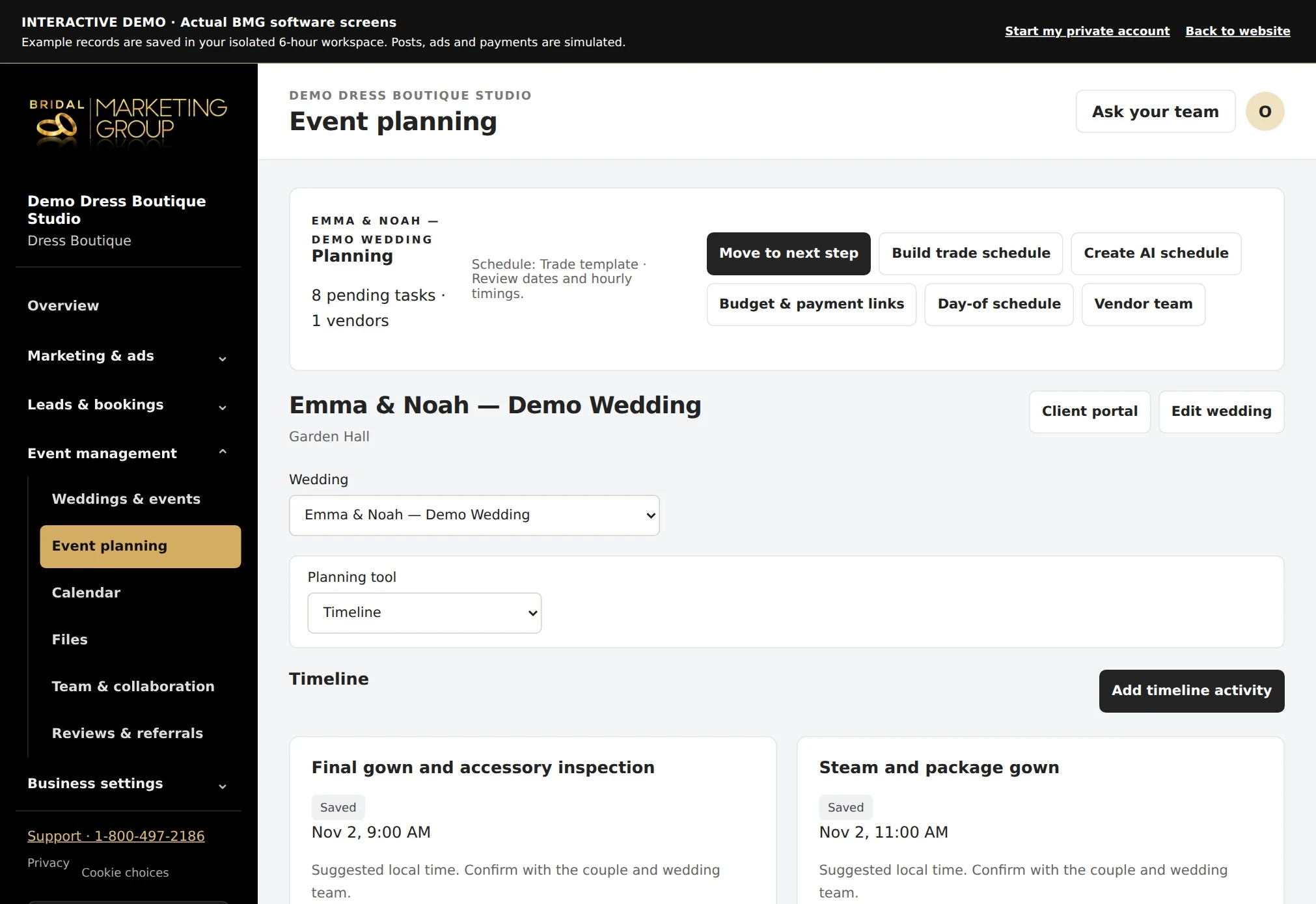 Dress Boutique actual wedding-day hourly schedule