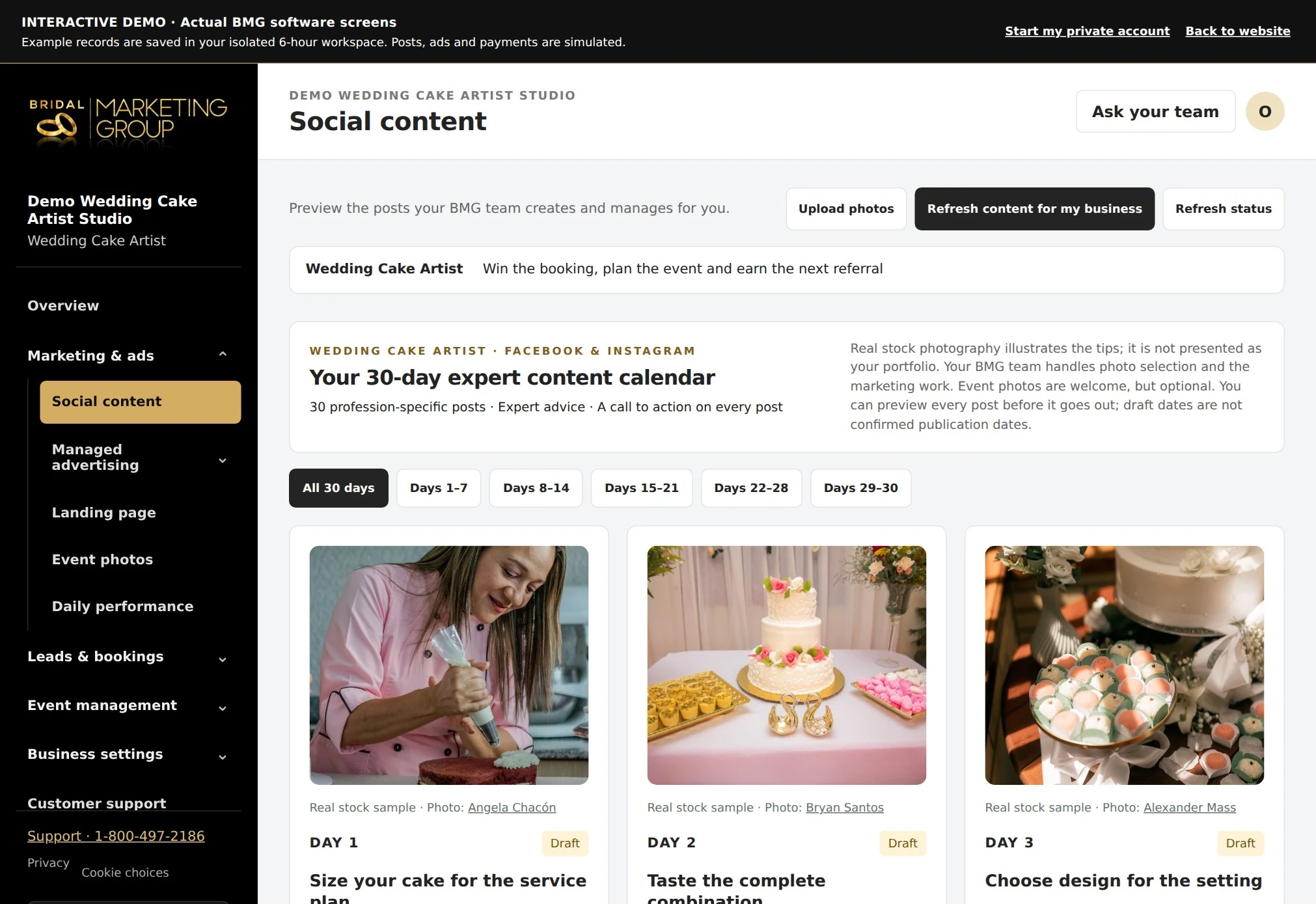 Wedding Cake Artist actual content calendar