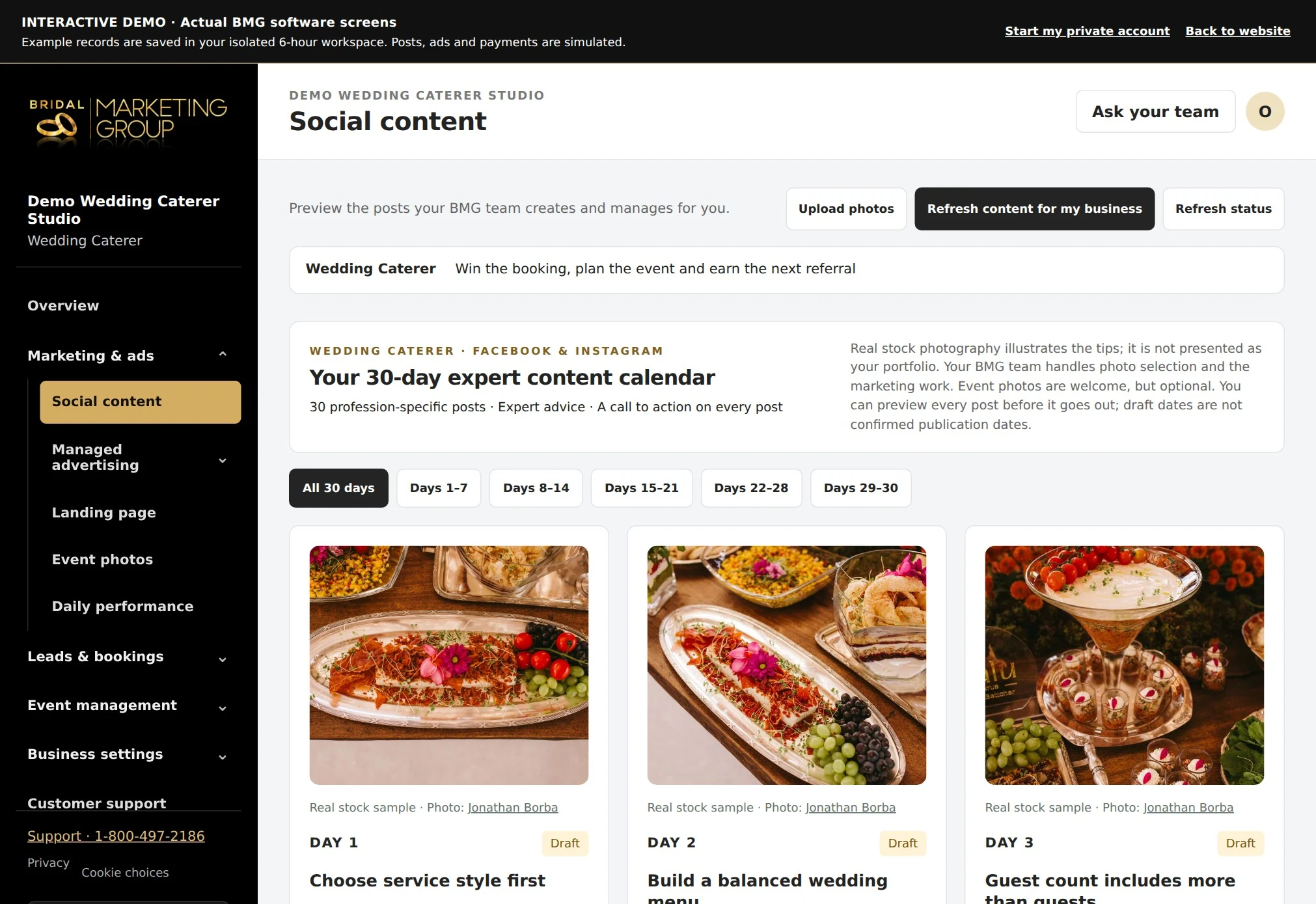 Wedding Caterer actual content calendar