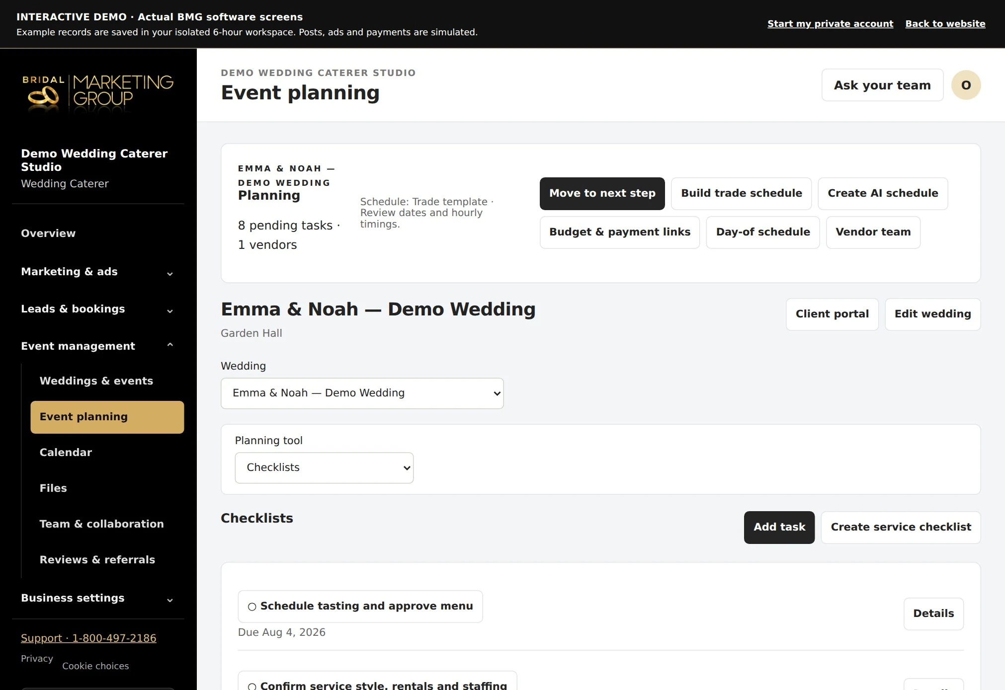 Wedding Caterer actual event planning workspace