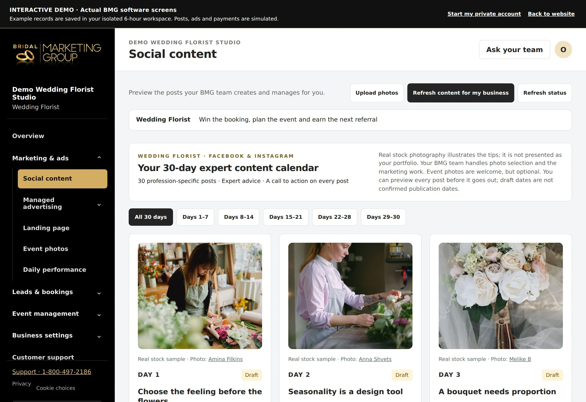 Wedding Florist actual content calendar