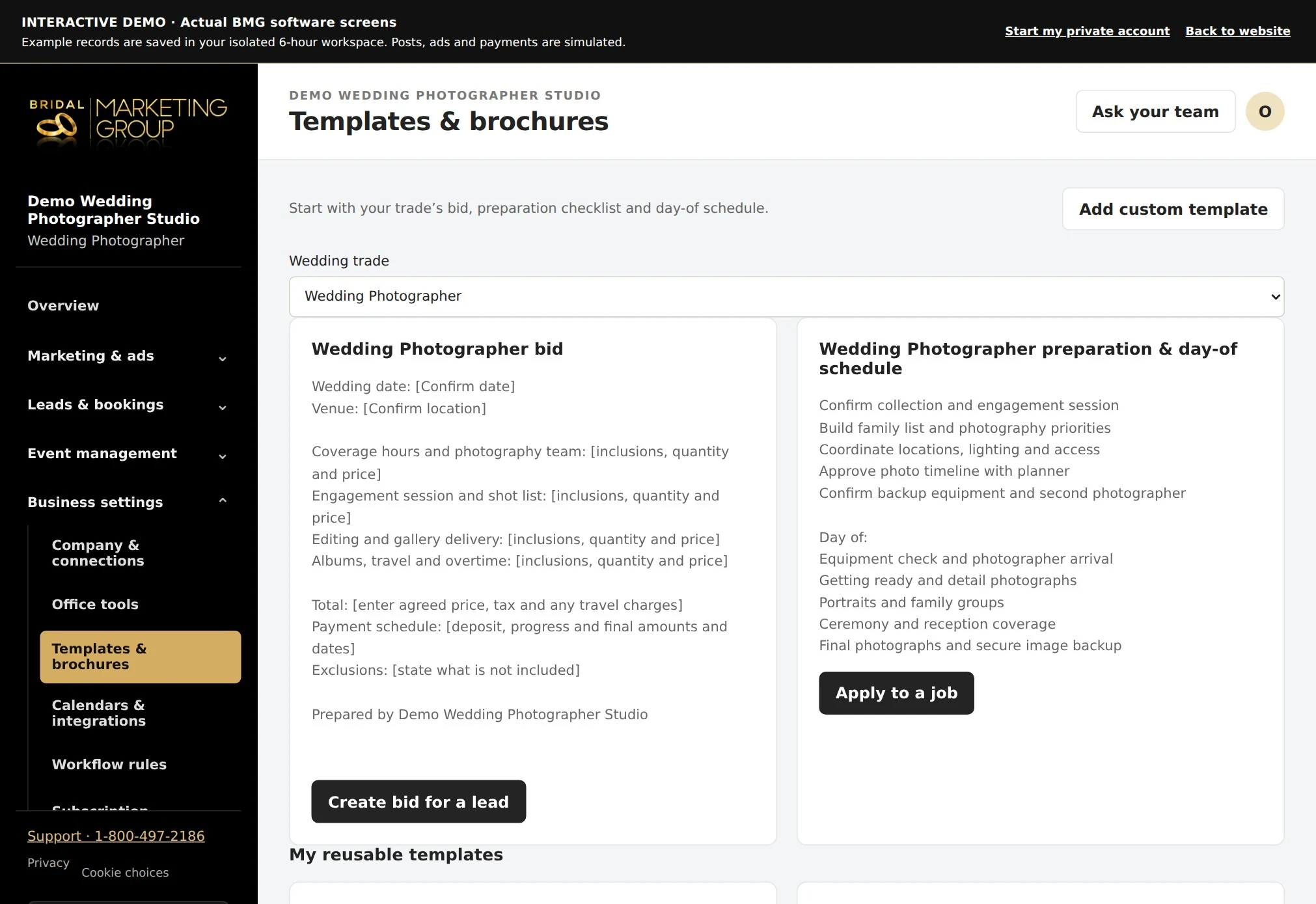Wedding Photographer actual bid and schedule templates