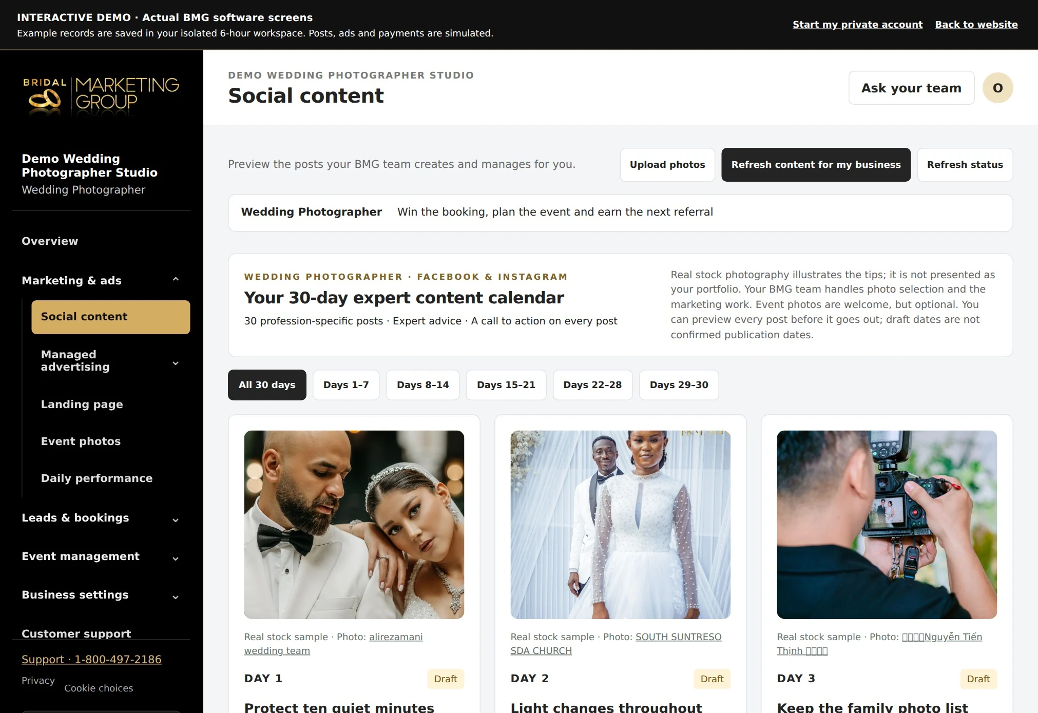 Wedding Photographer actual content calendar