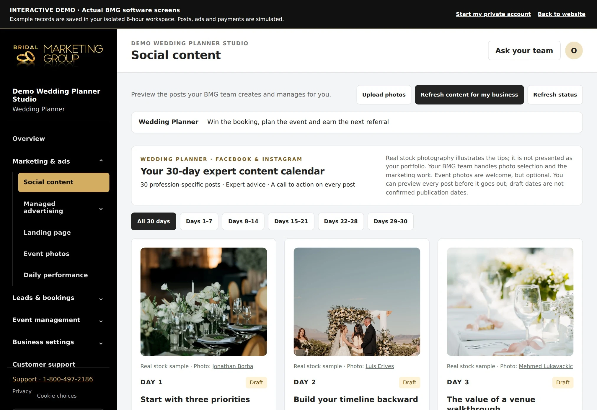 Bridal Marketing Group social content workspace showing profession-specific posts and modern wedding photos