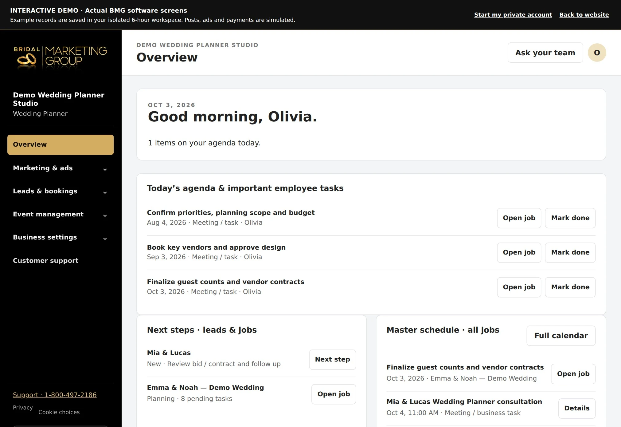 Wedding Planner actual master schedule and business overview