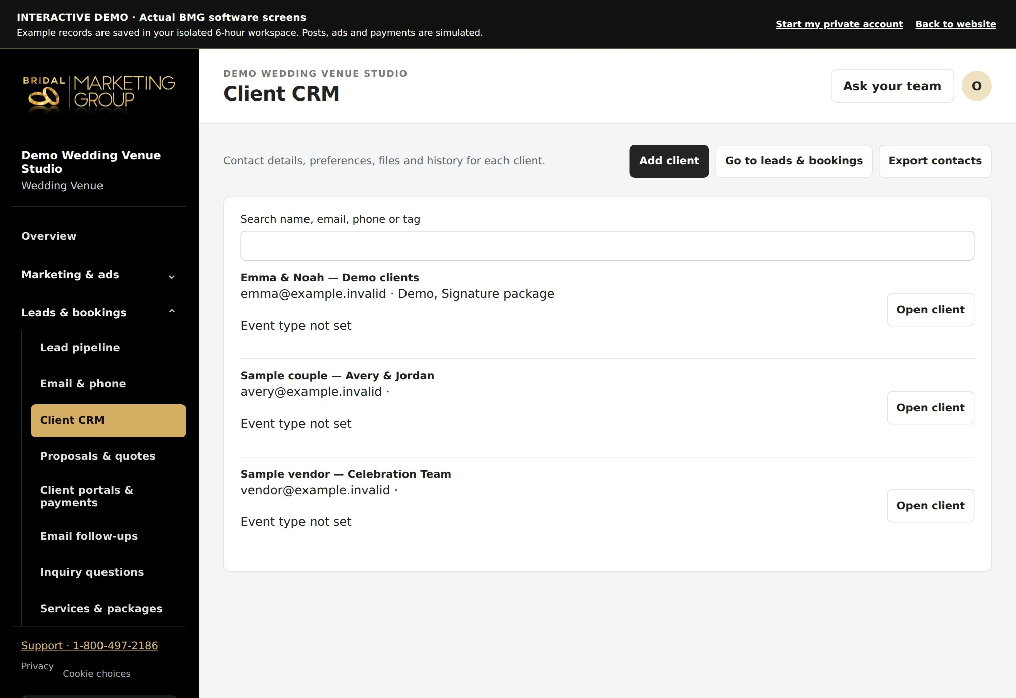 Actual WeWed.io client crm tools