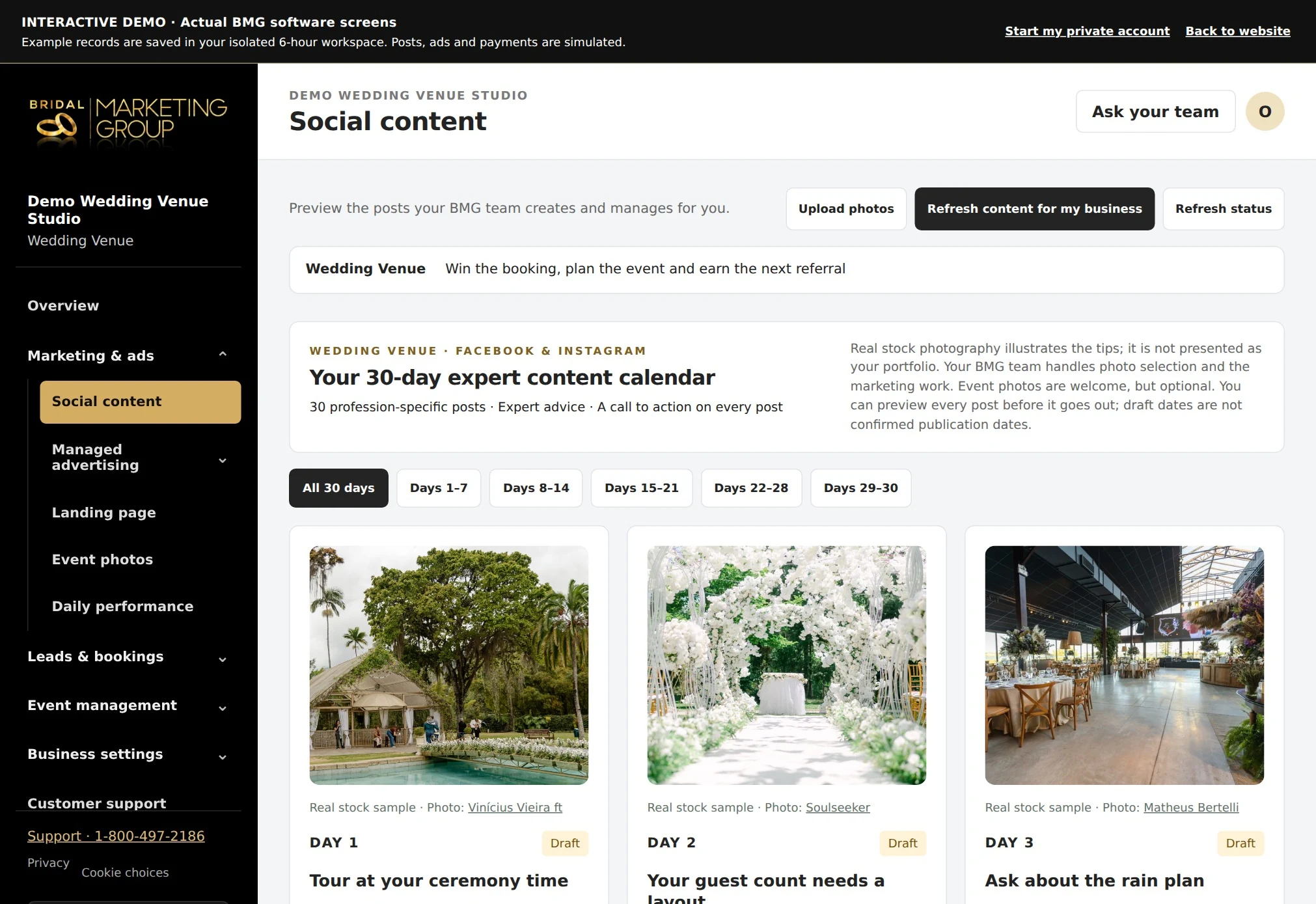 Actual social marketing calendar with contemporary wedding imagery