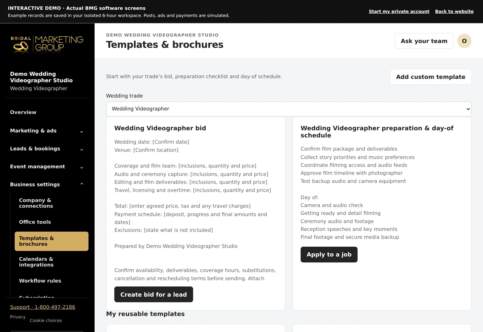 Wedding Videographer actual bid and schedule templates