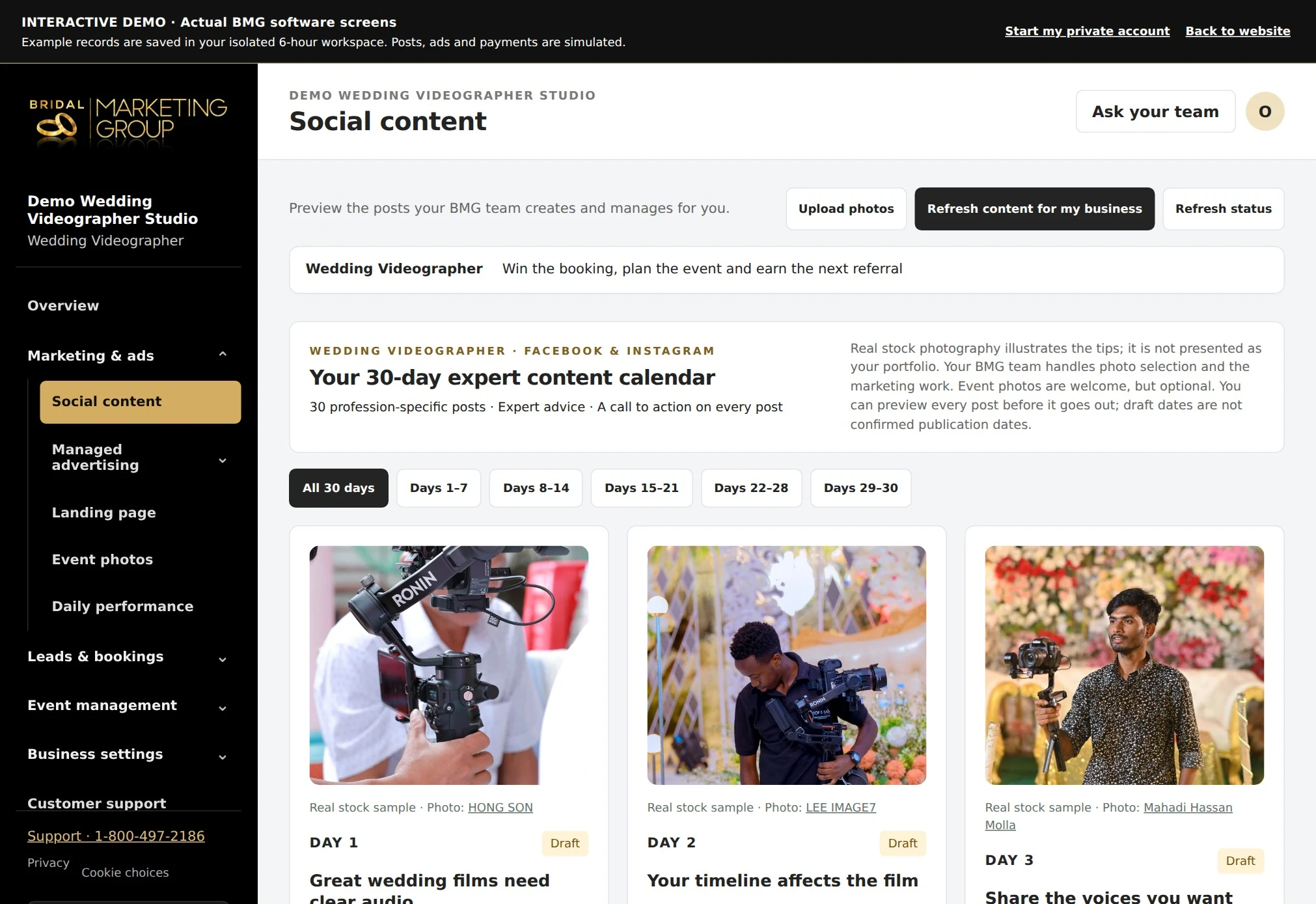 Wedding Videographer actual content calendar